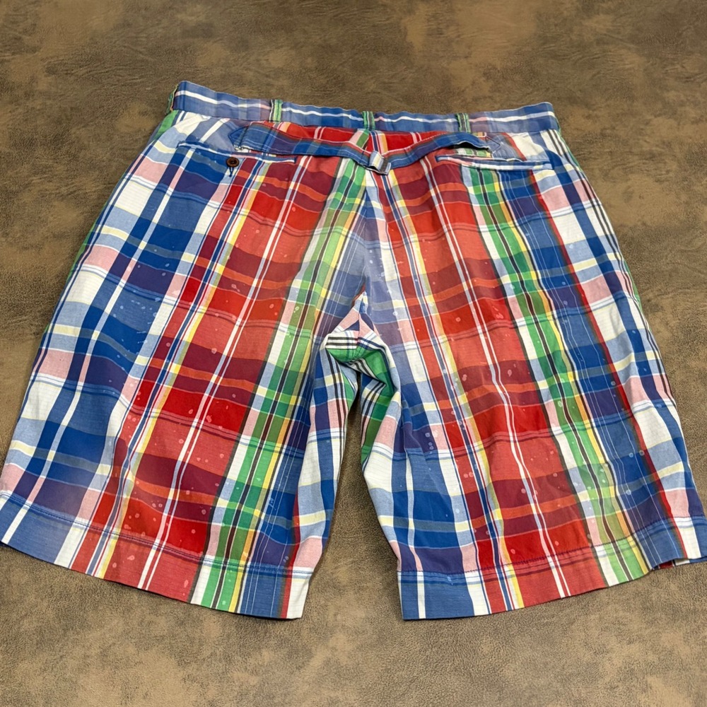 Polo Ralph Lauren Shorts Mens 36 Multicolor Plaid Bleach Splatter Cinch Back